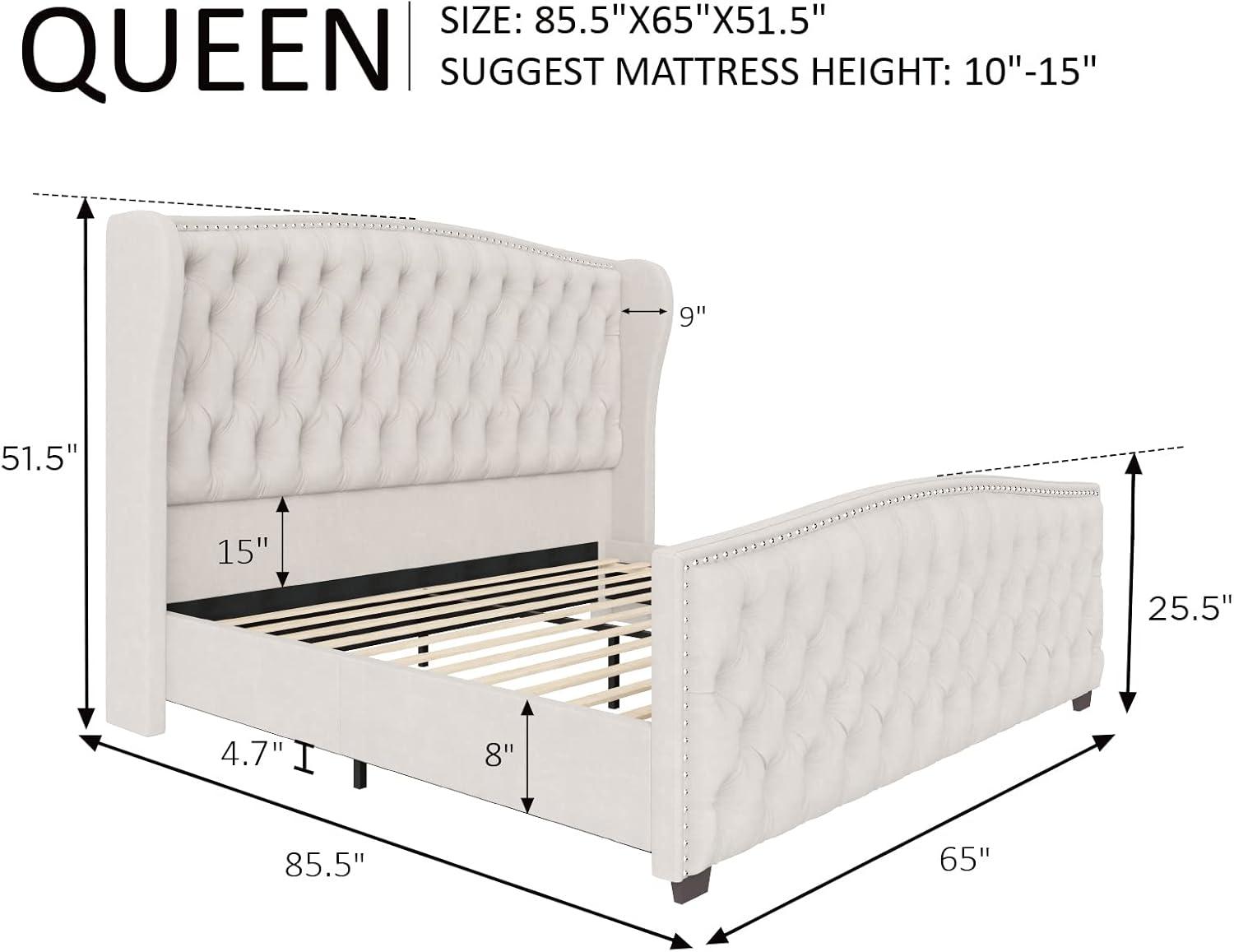 VanAcc Queen Size Platform Bed Frame, Velvet Upholstered Bed with Deep Button Tufted & Nailhead Trim Wingback Headboard/No Box Spring Needed/Cream