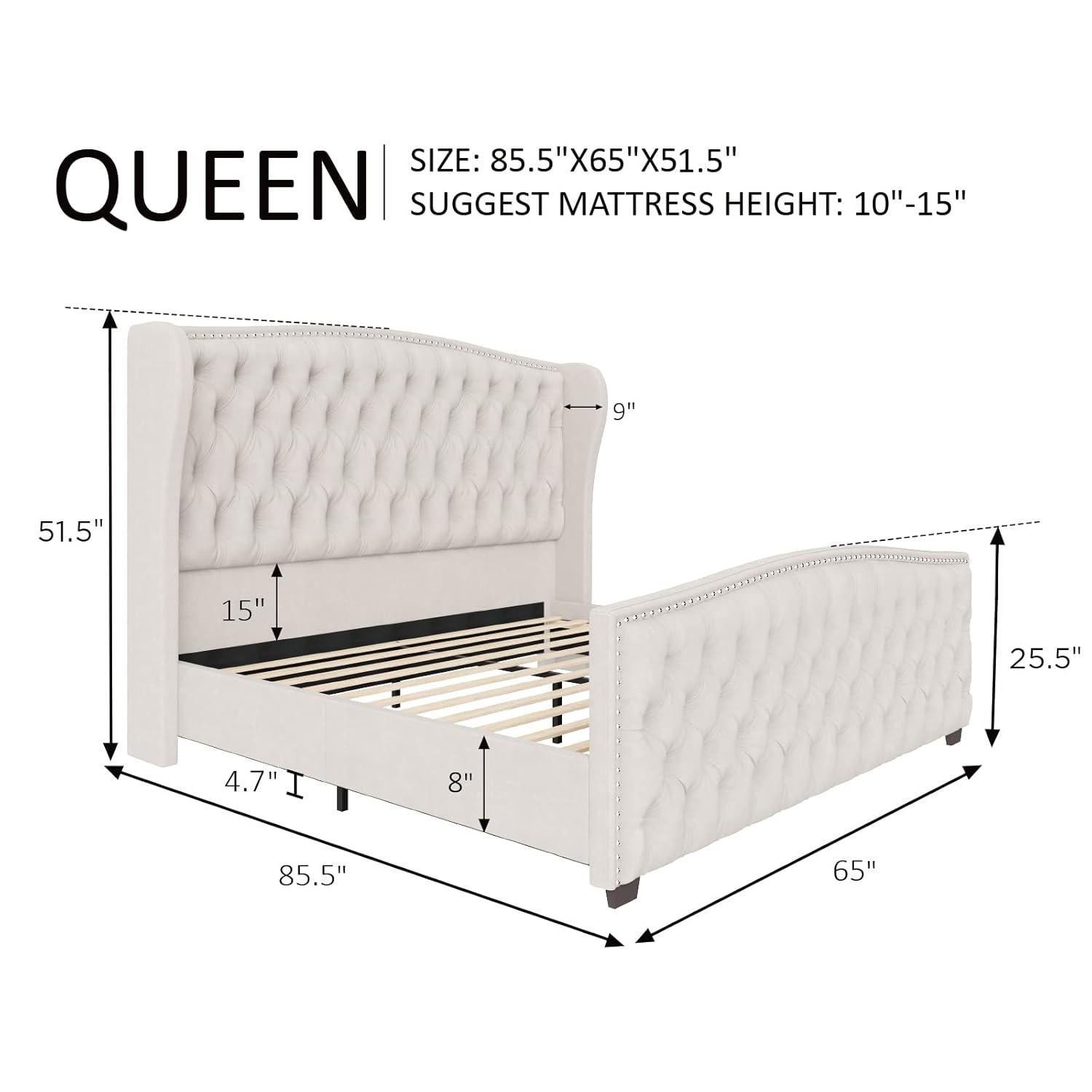 VanAcc Queen Size Platform Bed Frame, Velvet Upholstered Bed with Deep Button Tufted & Nailhead Trim Wingback Headboard/No Box Spring Needed/Cream