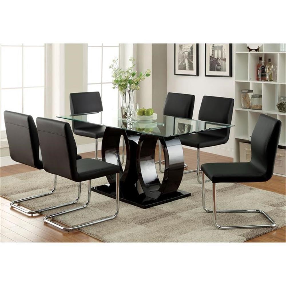 Bowery Hill Wood Contemporary Tempered Glass Top Dining Table in Black