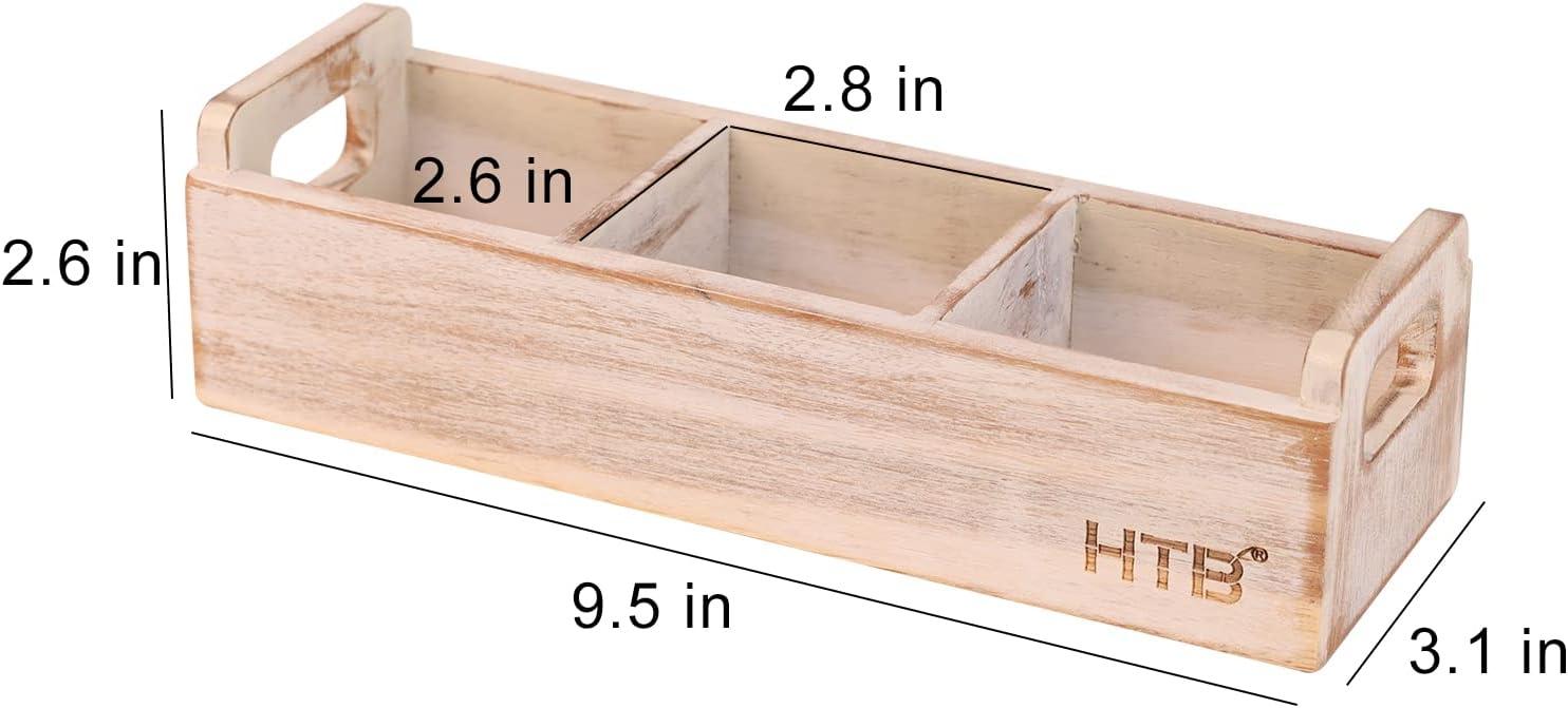 HTB Small Tea Bag Holder Pack of 2, Bamboo Tea Organizer 3 Compartments for Beverage Suppliers, Sweeteners, Individual Packets, Portable Tea Bag Organizer for Home Kitchen Counter or Office