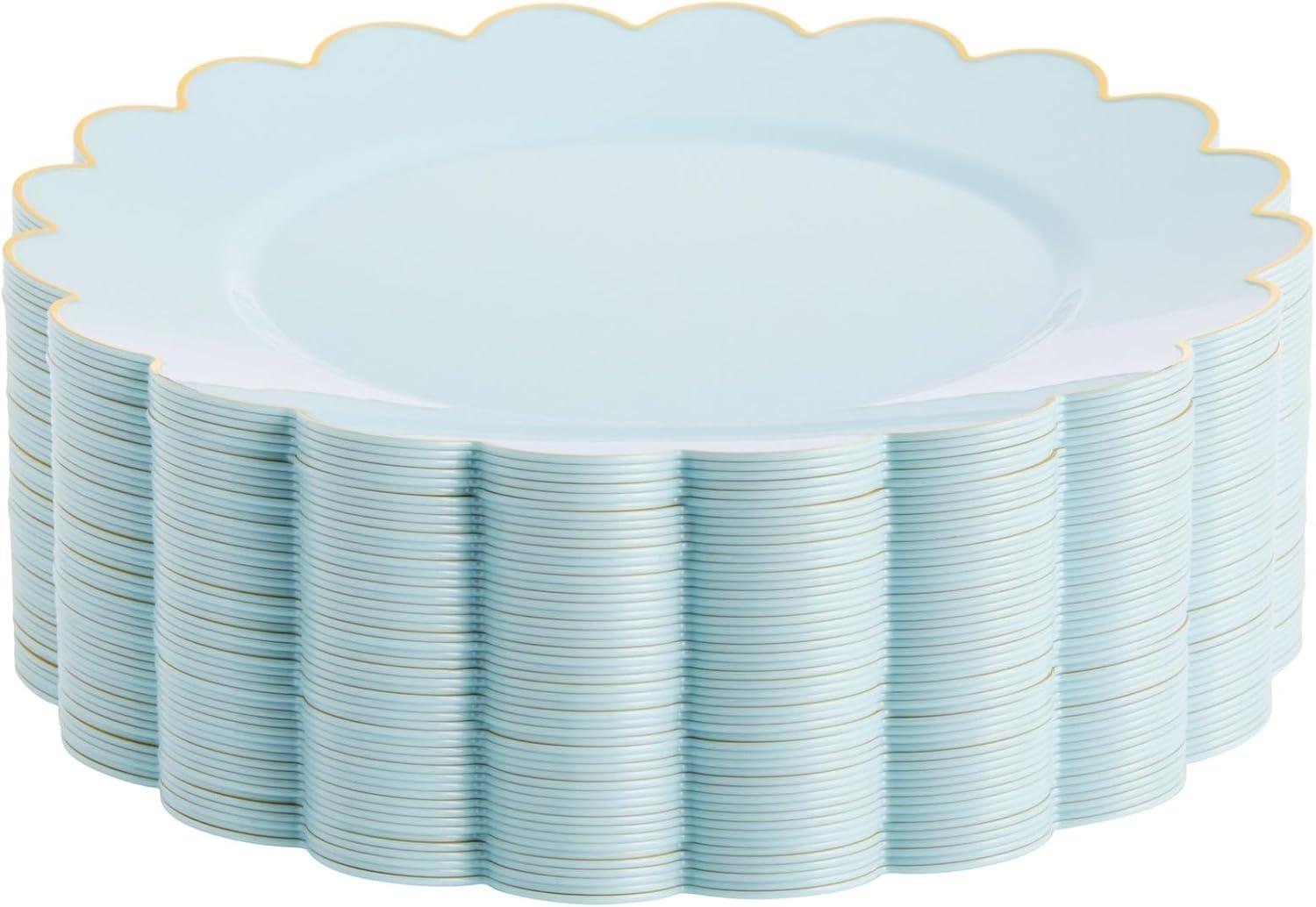 Sparkle and Bash 50-Pack Baby Blue Disposable Plates - Scalloped Plastic Plates with Gold Foil Rim for Birthday Party, Baby Shower (9 In)