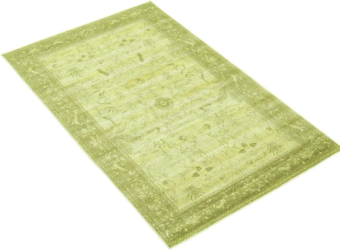 Light Green Floral Synthetic Rectangular Area Rug, 5 x 8 ft