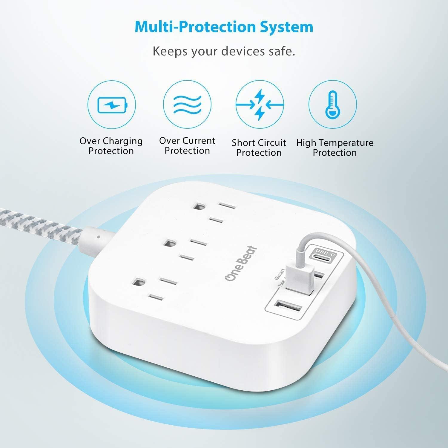 White Square Power Strip with 15ft Braided Cord and USB Ports