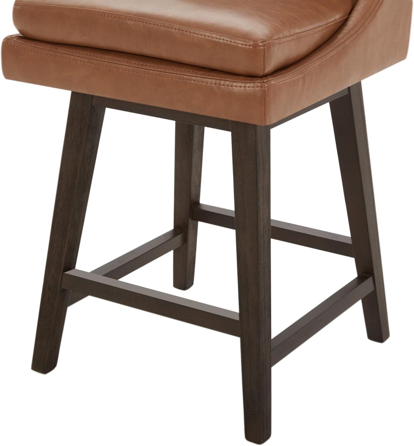 Saddle Brown Faux Leather Swivel Counter Stools with Espresso Wood Frame, Set of 2