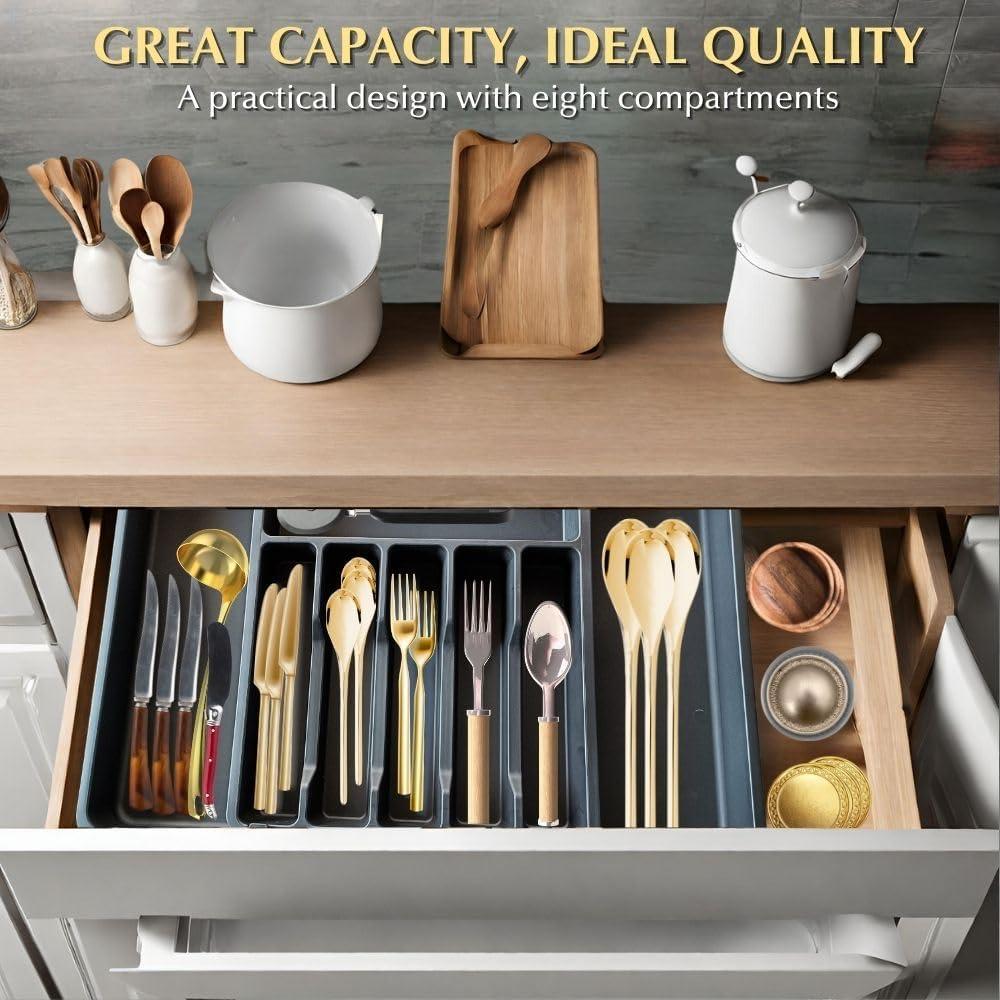 Silverware Drawer Organizer,  Black Expandable Utensil Tray for Kitchen, BPA Free Flatware and Cutlery Holder, Adjustable Plastic Storage for Spoons Forks Knives, Large