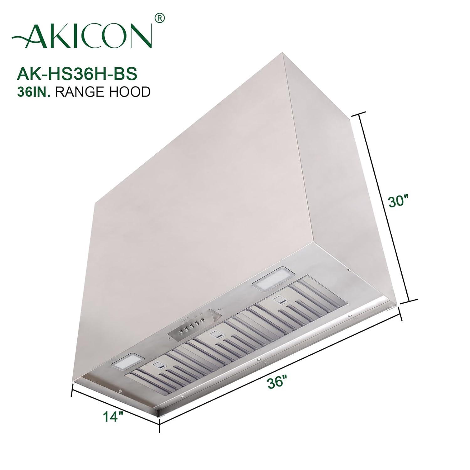 Akicon Stainless Steel Range Hood, Modern Box Kitchen Hood with Powerful Vent Motor, Wall Mount, 36”W*30”H*14D, Brushed Stainless