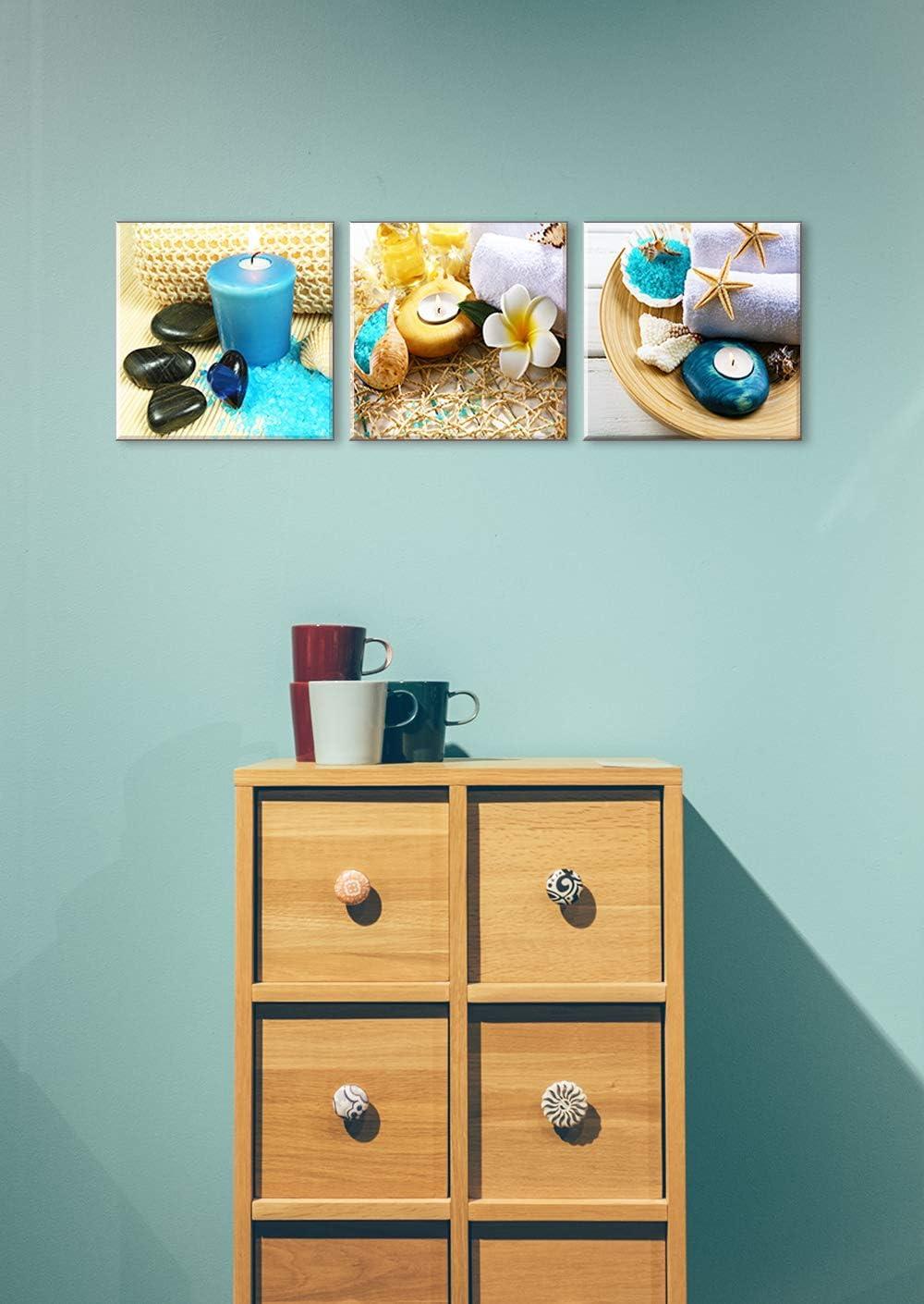 SPA Wall Art Decor for Bedroom, SZ Still Life Canvas Prints of Blue Sands, Candles & Stones, Massage Treatment Pictures (Waterproof Artwork, 1" Thick, Bracket Mounted Ready to Hang)