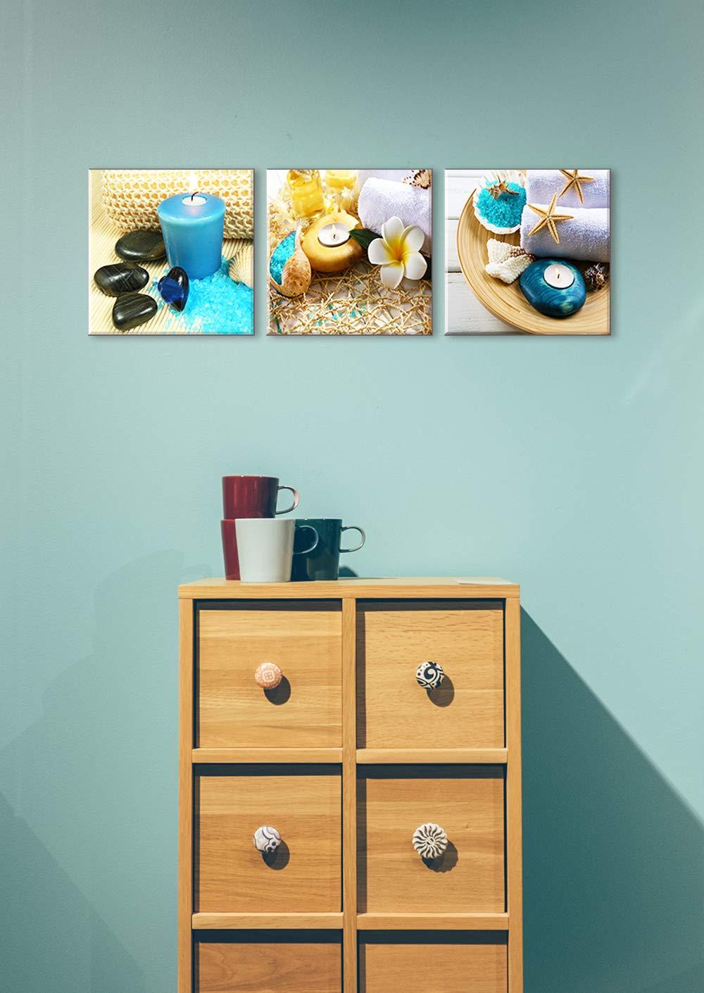 SPA Wall Art Decor for Bedroom, SZ Still Life Canvas Prints of Blue Sands, Candles & Stones, Massage Treatment Pictures (Waterproof Artwork, 1" Thick, Bracket Mounted Ready to Hang)