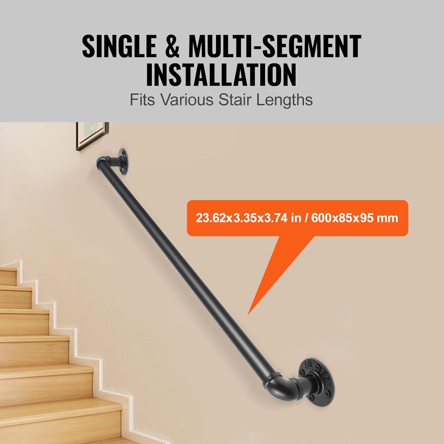 Black PVC and Stainless Steel Stair Handrail, 39.37 in