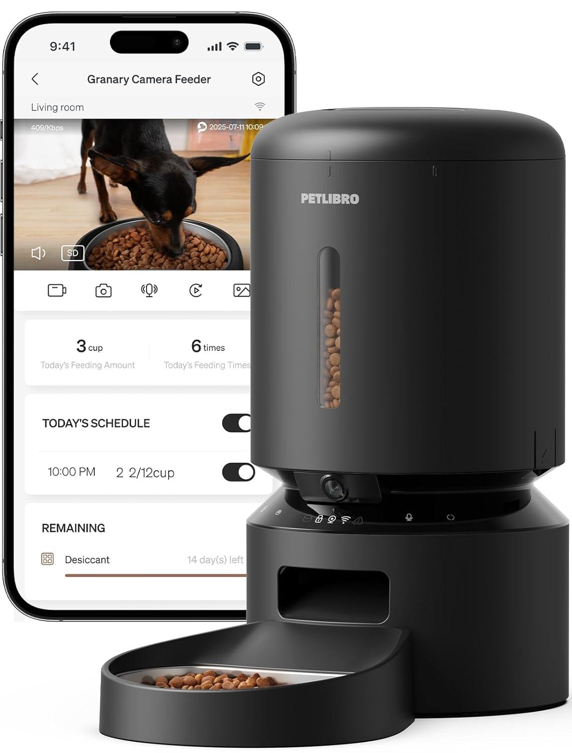 Black Automatic Pet Feeder with 1080P HD Camera and WiFi