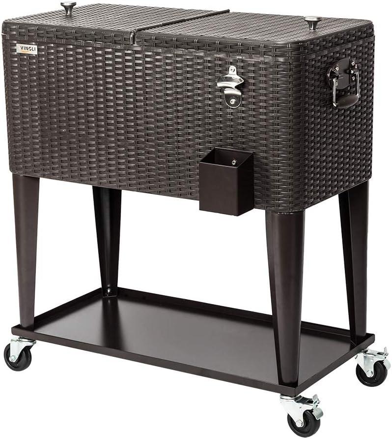 VINGLI 80 Quart Black Rattan Rolling Cooler with Shelf