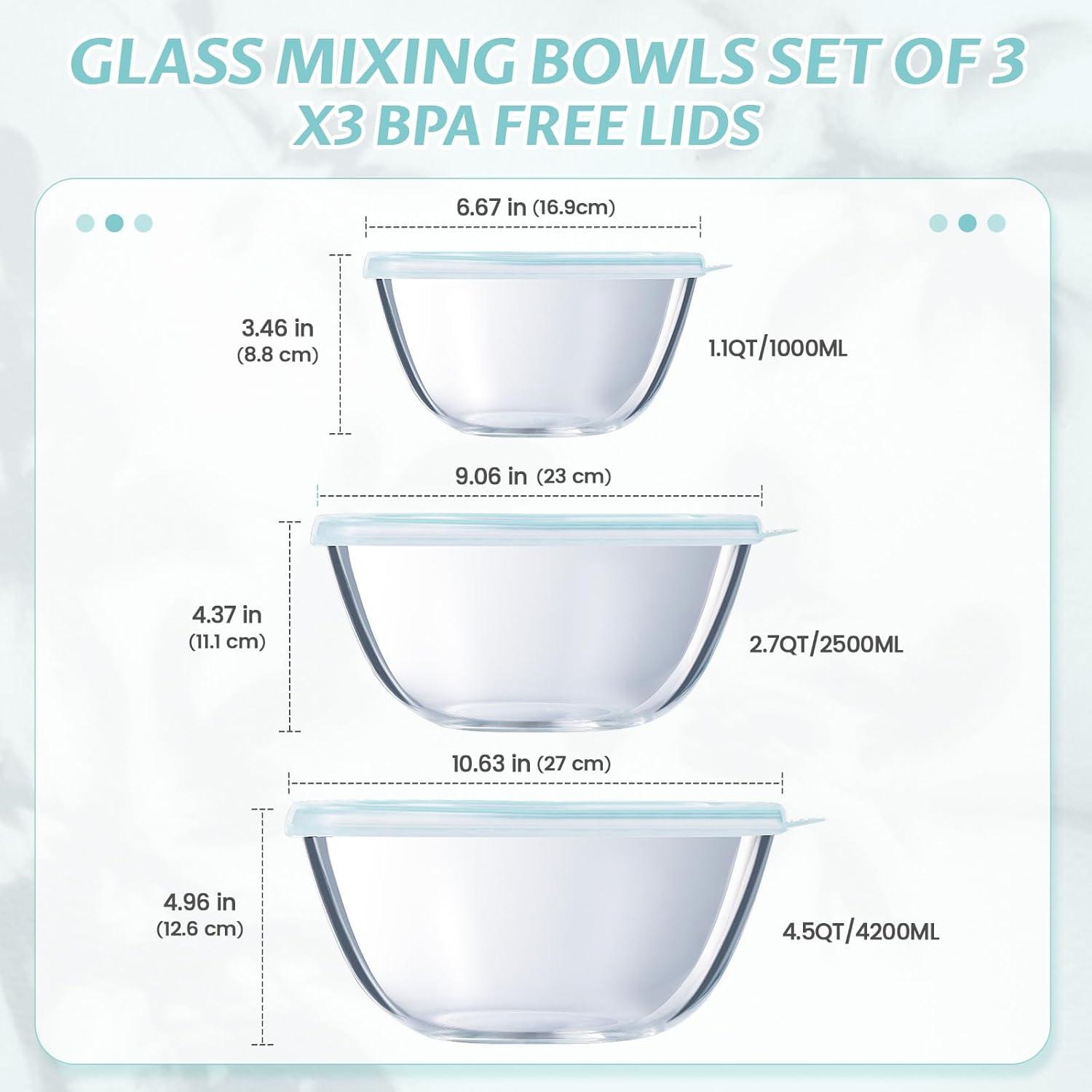 Durable Glass Mixing Bowl Set with BPA-Free Lids, 3 Pieces