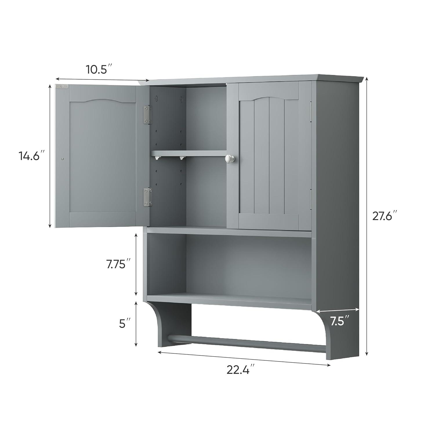 LOKO Wall Mounted Bathroom Cabinet with Towel Bar, Hanging Over The Toilet Storage Cabinet w/Adjustable Shelf, Medicine Cabinet Space-Saving Storage Organizer for Bathroom or Kitchen (Grey)