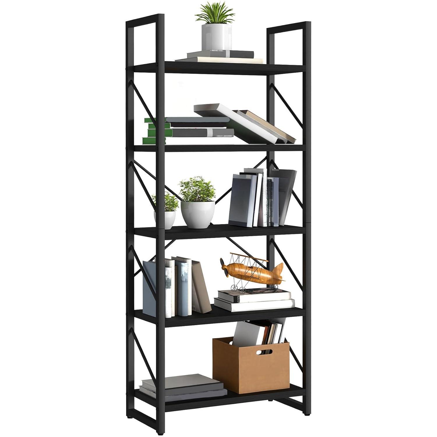 WedealFu Inc Roul Wood 5 Tiers Bookshelf Modern Bookcase Storage Rack Shelves Black
