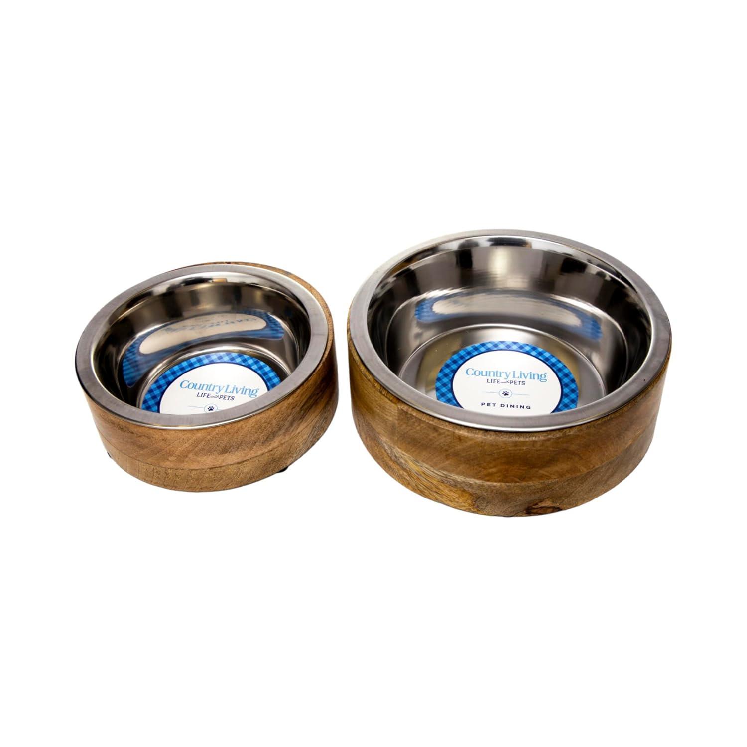 Country Living Stainless Steel Dog Bowl with Cylindrical Mango Wood Holder, Durable & Stylish Dish, Sustainable Dog Feeding Solution (1 Pint)