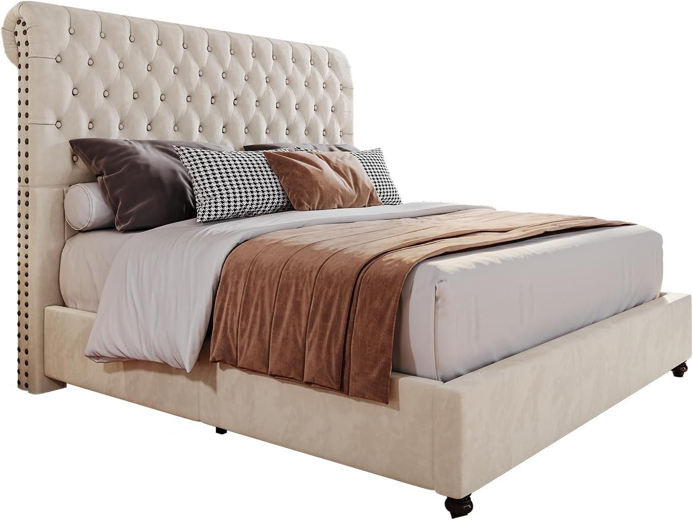 King Velvet Upholstered Platform Bed with Tufted Headboard and Nailhead Trim