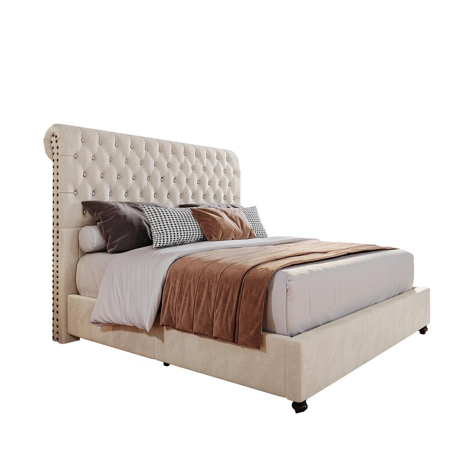 MERLUXY Upholstered King Bed Frame with Velvet Tufted Sleigh Headboard,Cream
