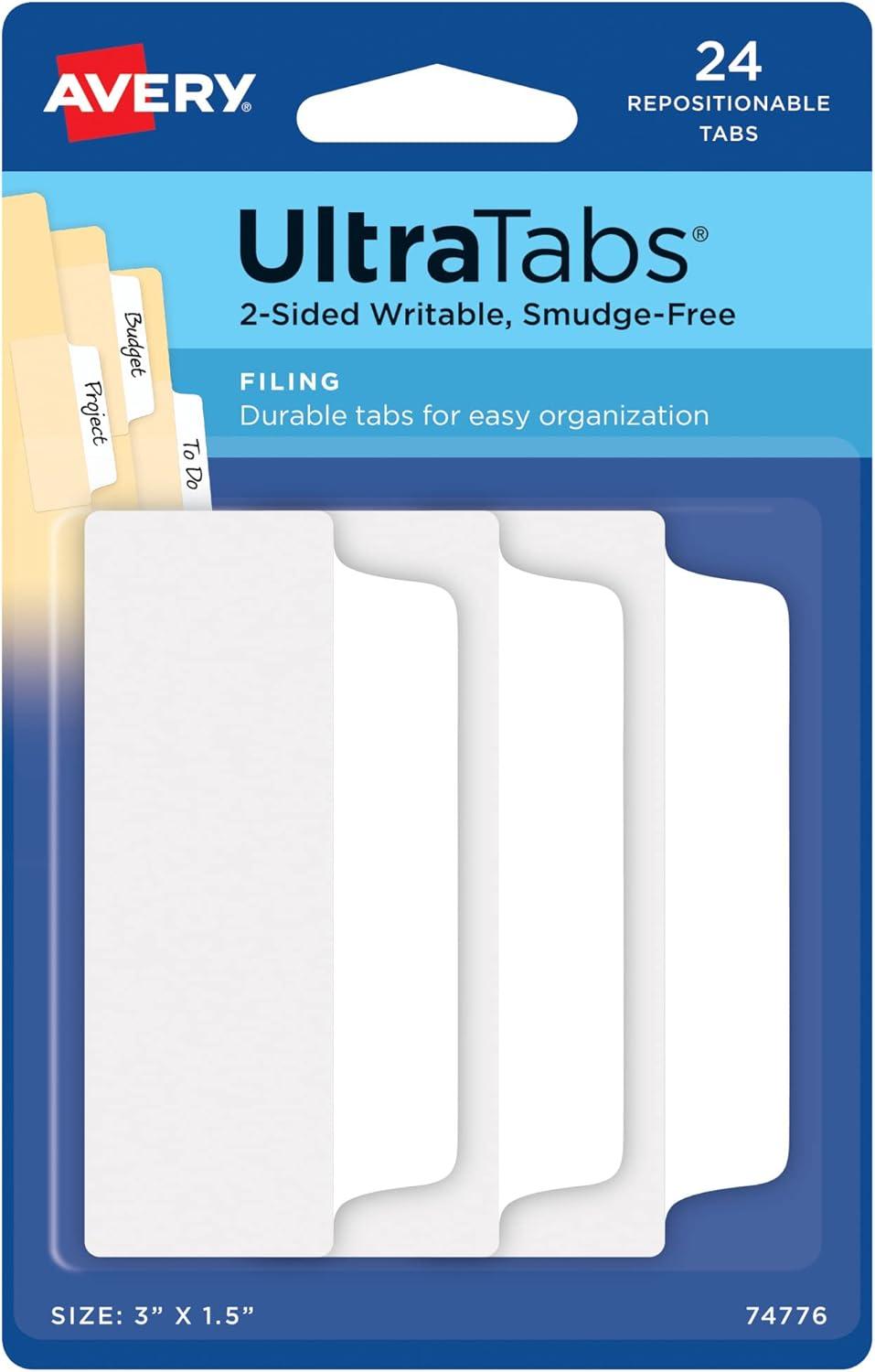 White Plastic-Coated Repositionable Writable Tabs, 3" x 1.5", 24-Pack