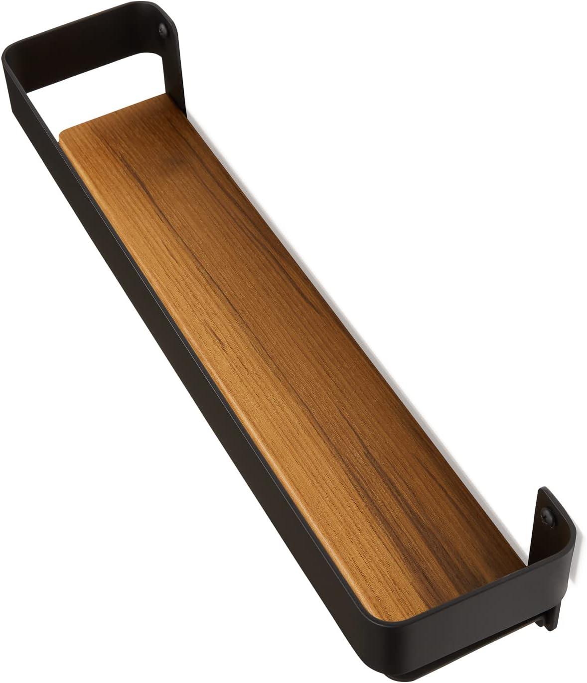 Matte Black and Teak Wood Wall Mounted Shower Shelf