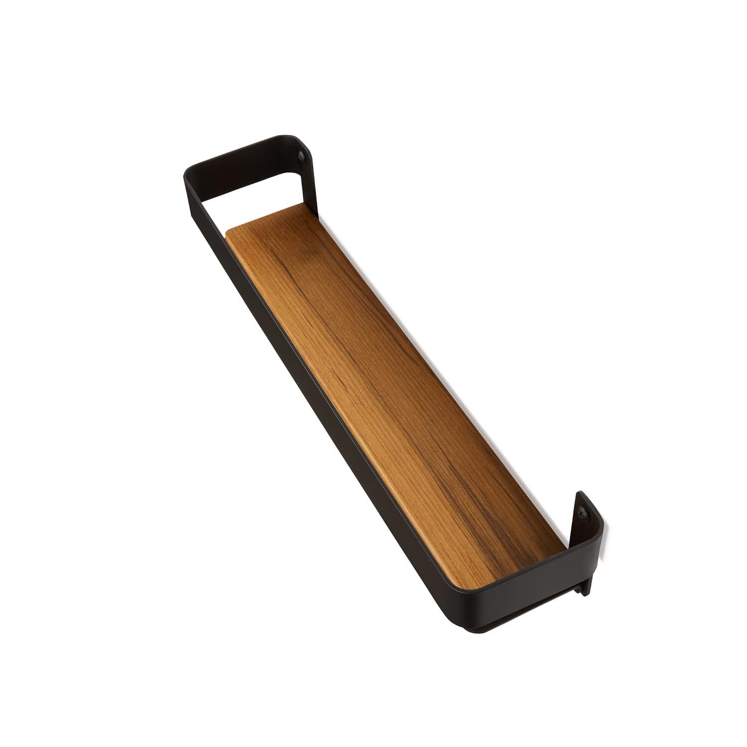 18 in. x 4 in. Rectangular Shower Shelf with Rail in Matte Black and Natural Teak Wood Insert