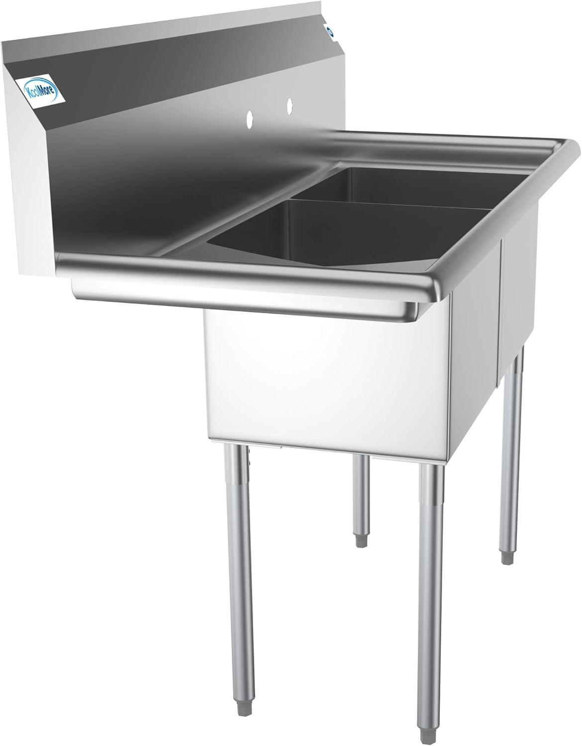 KoolMore 2 Compartment Stainless Steel NSF Commercial Kitchen Prep & Utility Sink with 2 Drainboards - Bowl Size 15" x 15" x 12", Silver, Left Drainboard