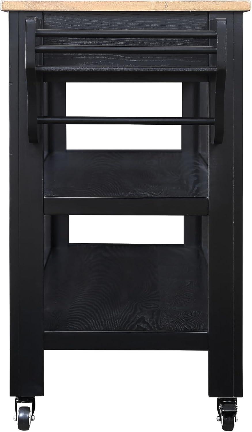 57 Inch Solid Wood Kitchen Island Cart,Solid Oak Wood Top Rolling Kitchen Cart with 2 Drawers,2 Storage Shelves,Wine and Spice Rack,Black