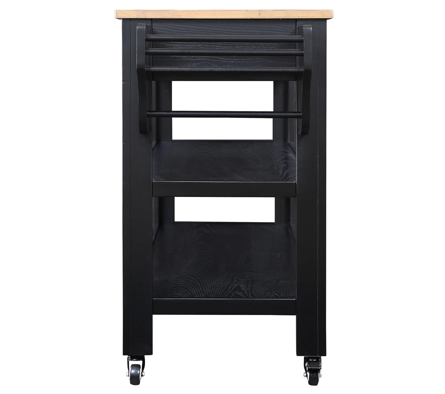 57 Inch Solid Wood Kitchen Island Cart,Solid Oak Wood Top Rolling Kitchen Cart with 2 Drawers,2 Storage Shelves,Wine and Spice Rack,Black