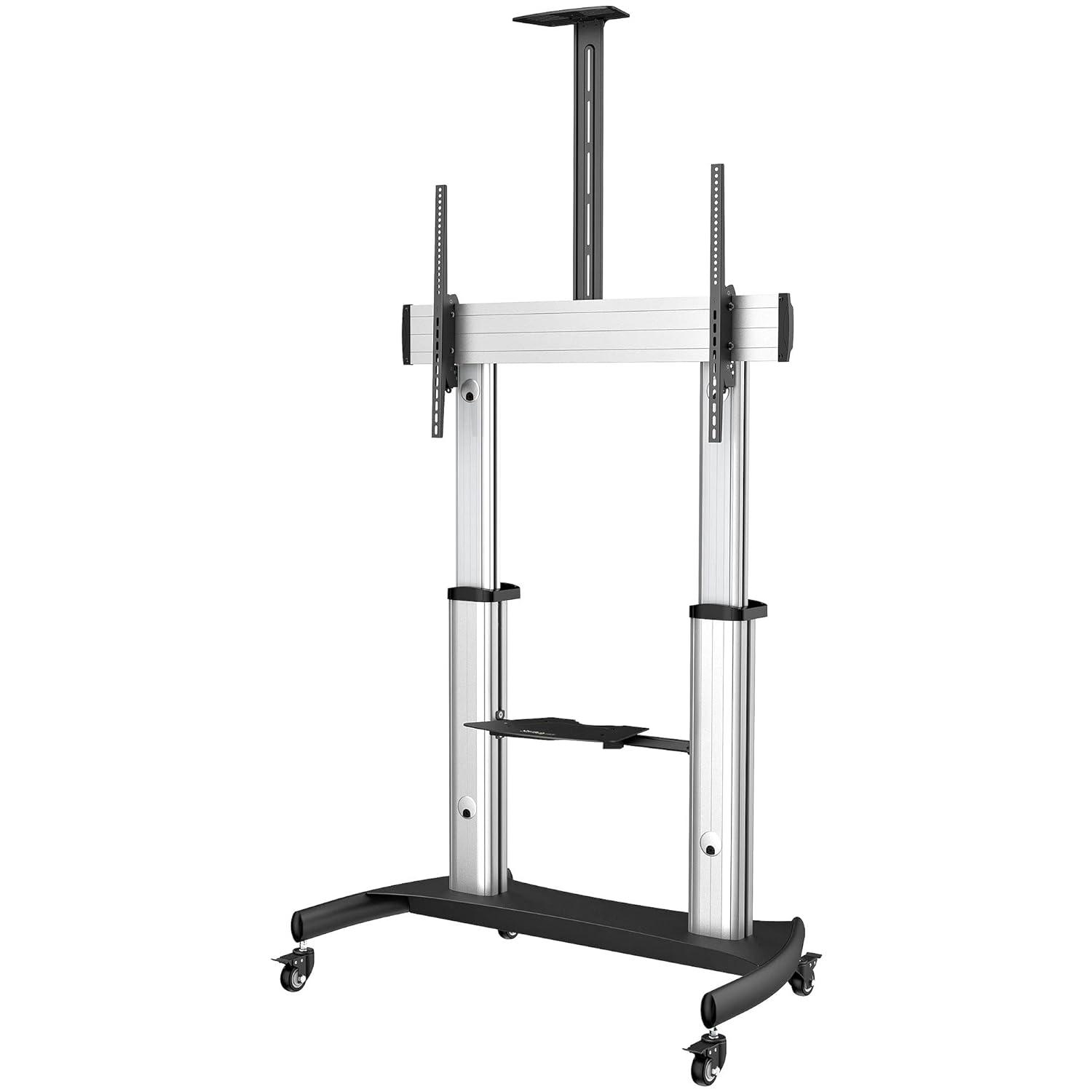 Mobile TV Stand, Heavy Duty TV Cart for 60-100" Display (100kg/220lb), Height Adjustable Rolling Flat Screen Floor Standing on Wheels, Universal Television Mount w/Shelves - W/ 2 equipment shelves