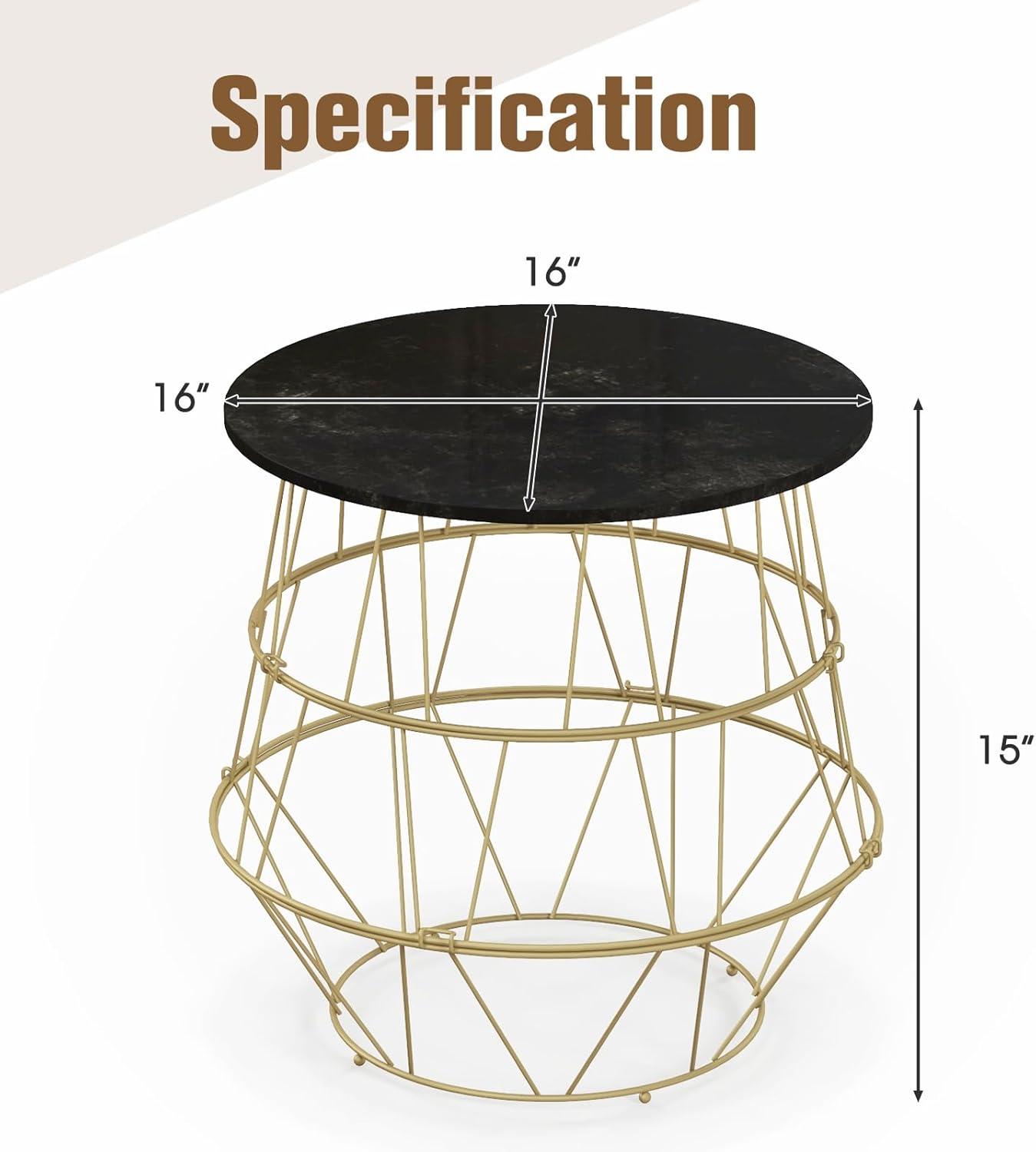 Giantex Faux Marble Coffee Table, Round Side End Table with Gold Metal Frame & Removeable Top, Modern Sofa Accent Bedside Table for Living Room, Bedroom, Small Space, Easy Installation (1)