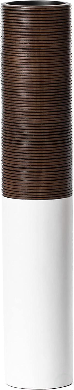 Modern Tall Decorative White and Brown Ribbed Cylinder Floor Vase