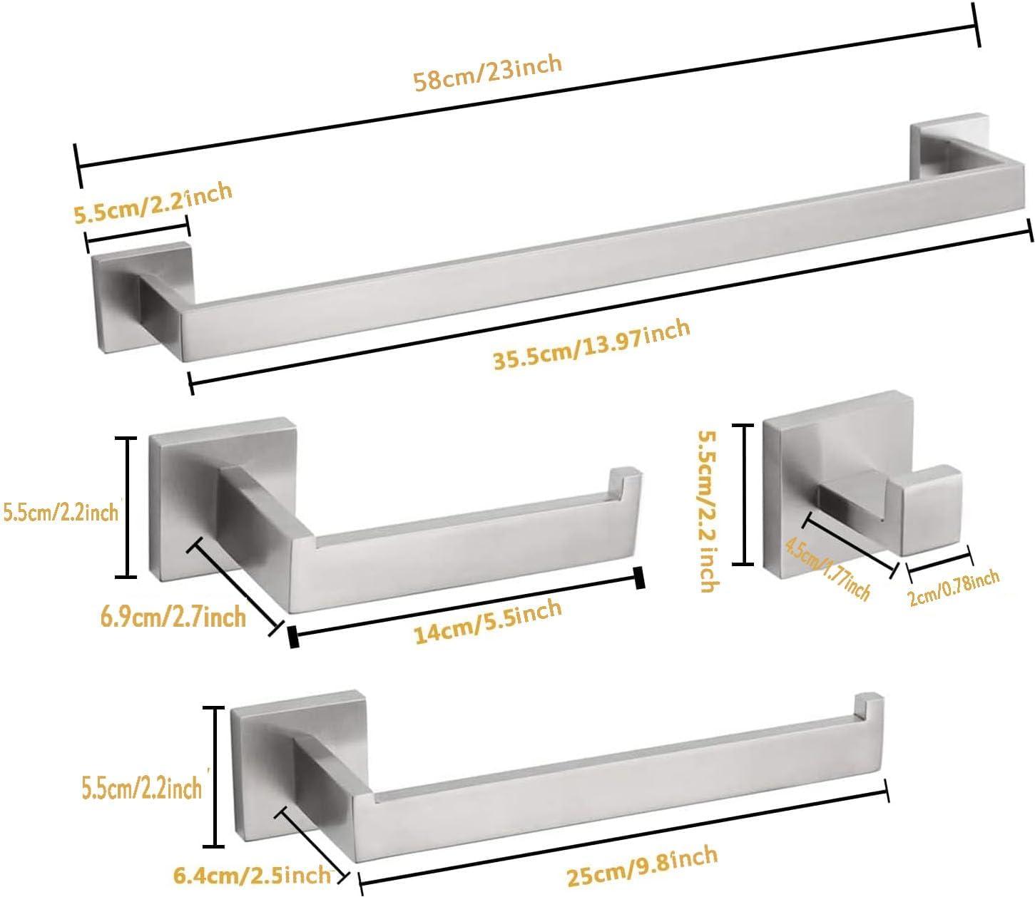 4-Piece Bathroom Hardware Set, Towel Rack Towel Bar Towel Holder Toilet Paper Holder Towel Hooks Modern Square Premium Stainless Steel Brushed Nickel Wall Mounted Bathroom Accessories Set