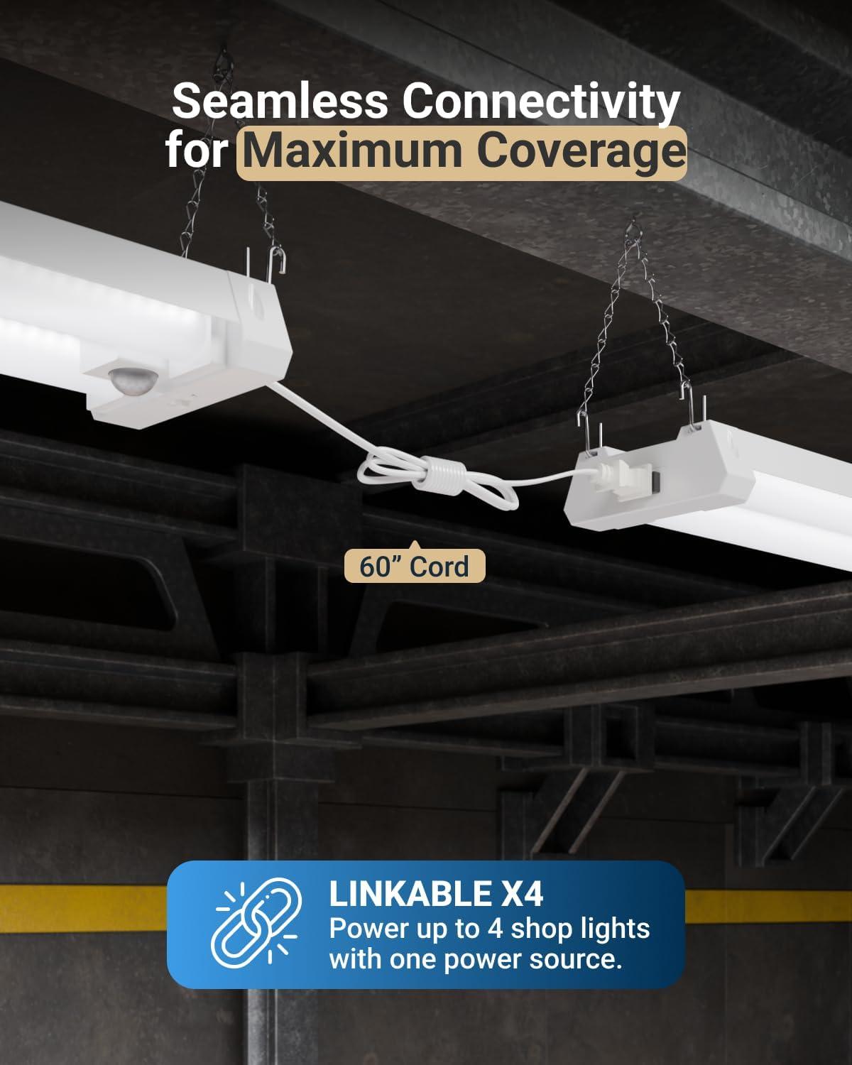Sunco Motion Sensor 4ft LED Shop Light, Garage Lights Ceiling LED Plug in Fixtures, 40W, 5000K Daylight, Frosted, Motion Activated, Linkable Suspension Mount, ETL 4 Pack