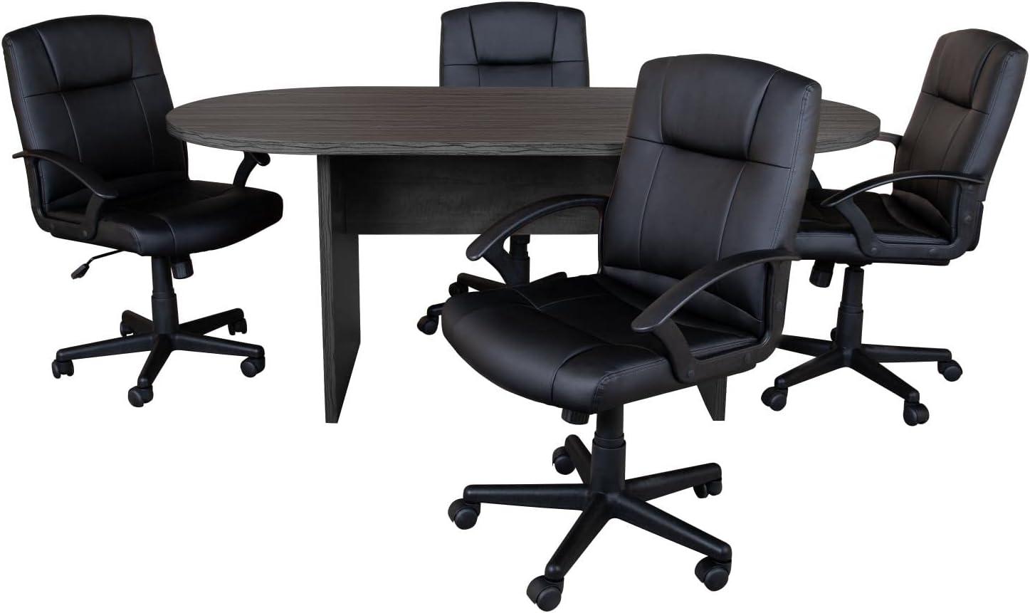 Flash Furniture Lake 5 Piece Rustic Gray Oval Conference Table Set with 4 Black LeatherSoft-Padded Task Chairs
