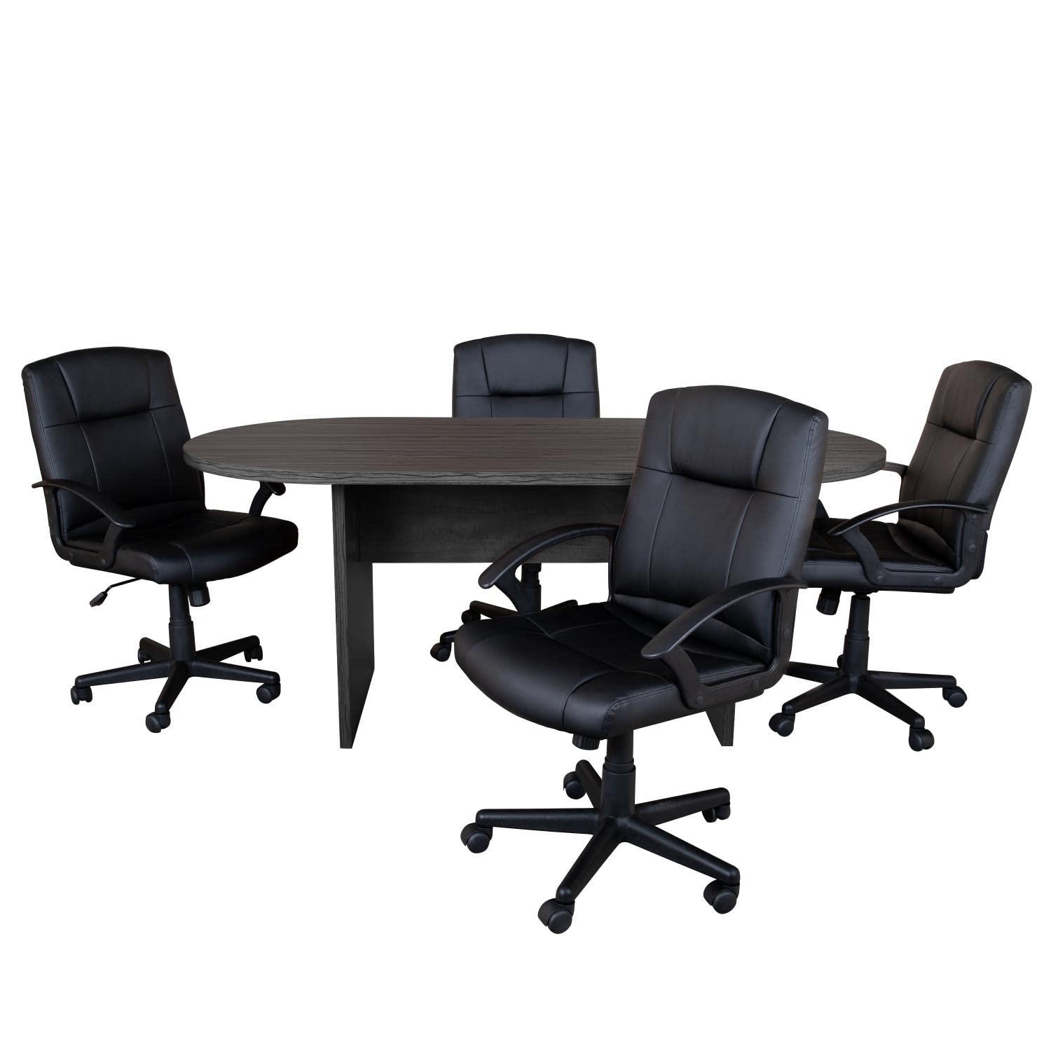 Flash Furniture Lake 5 Piece Rustic Gray Oval Conference Table Set with 4 Black LeatherSoft-Padded Task Chairs