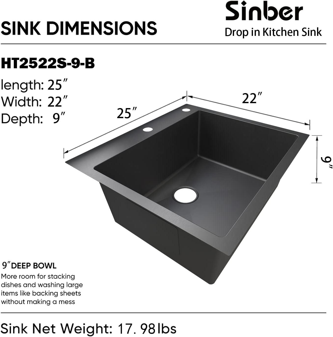 Sinber 25" x 22" Drop In Single Bowl Kitchen Sink with 18 Gauge 304 Stainless Steel Black Finish