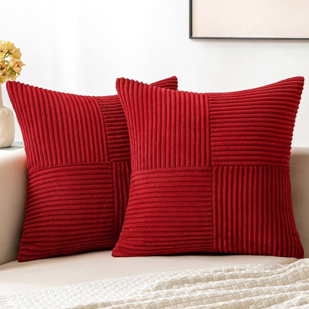 Red Corduroy 18x18 Inch Boho Pillow Covers, Set of 2