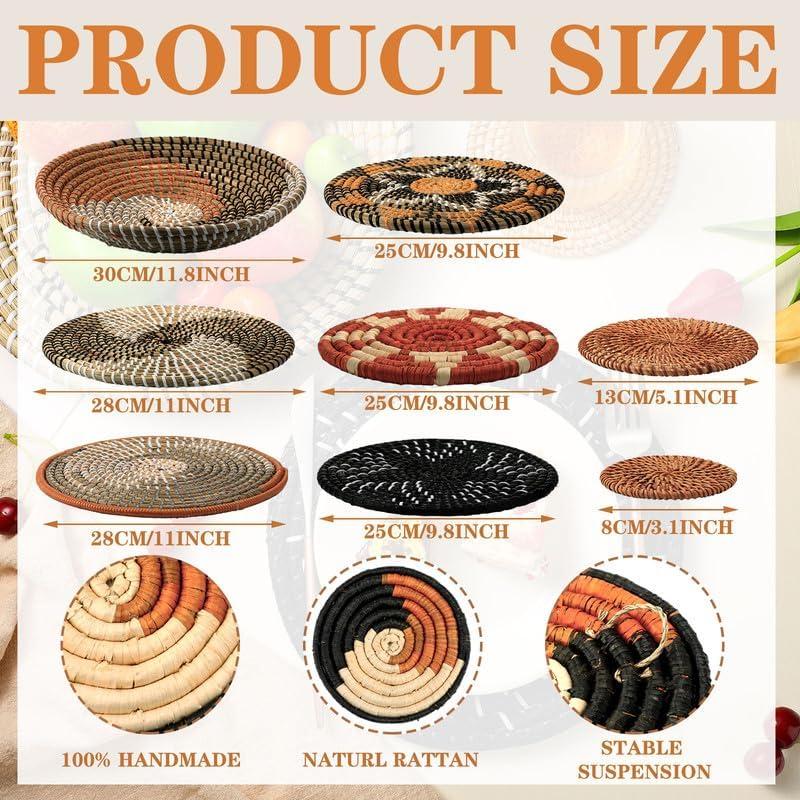 Tatuo 11 Pcs Boho Wall Basket Decor Decorative Bulrush Woven Basket Wall Decor Art Round Farmhouse Hanging Baskets for Kitchen Rustic Home Summer Decorations, Multi Sizes(Retro)