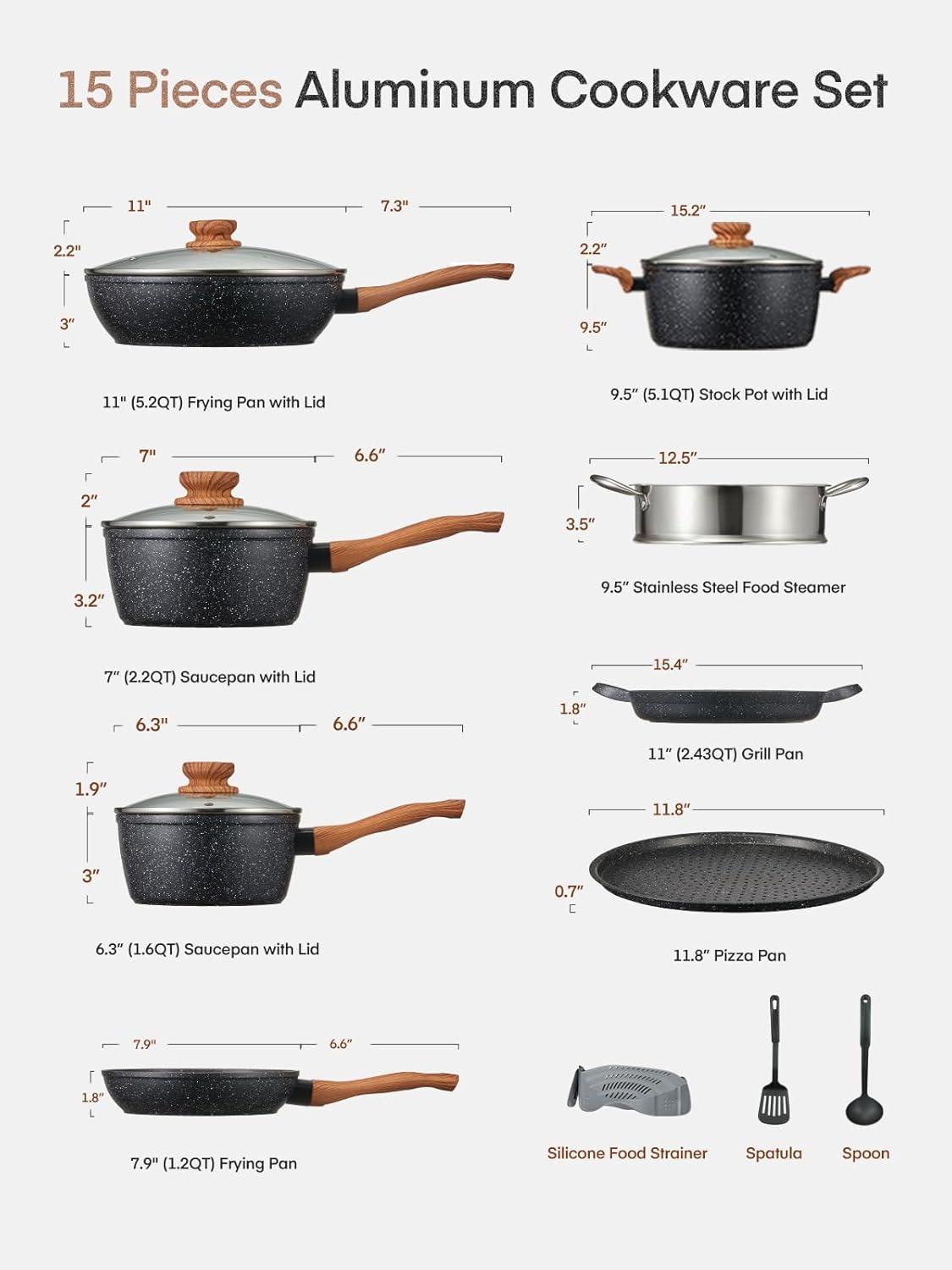 Black 15-Piece Nonstick Aluminum Cookware Set with Wood-Style Handles