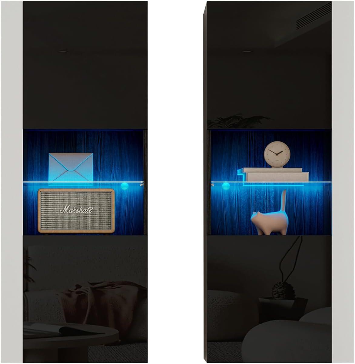 VanAcc Modern Wall Storage Cabinets with LED Lights, Hanging Cabinets with Closed Doors & Open Shelves, Black