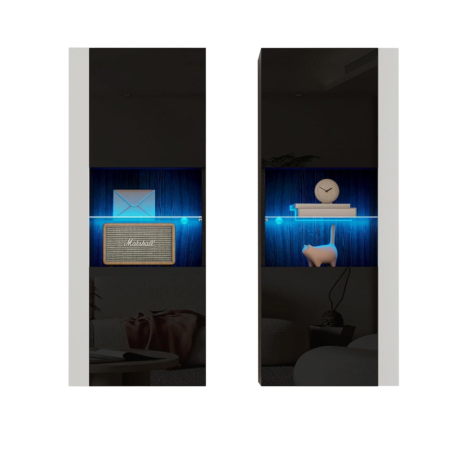 VanAcc Modern Wall Storage Cabinets with LED Lights, Hanging Cabinets with Closed Doors & Open Shelves, Black