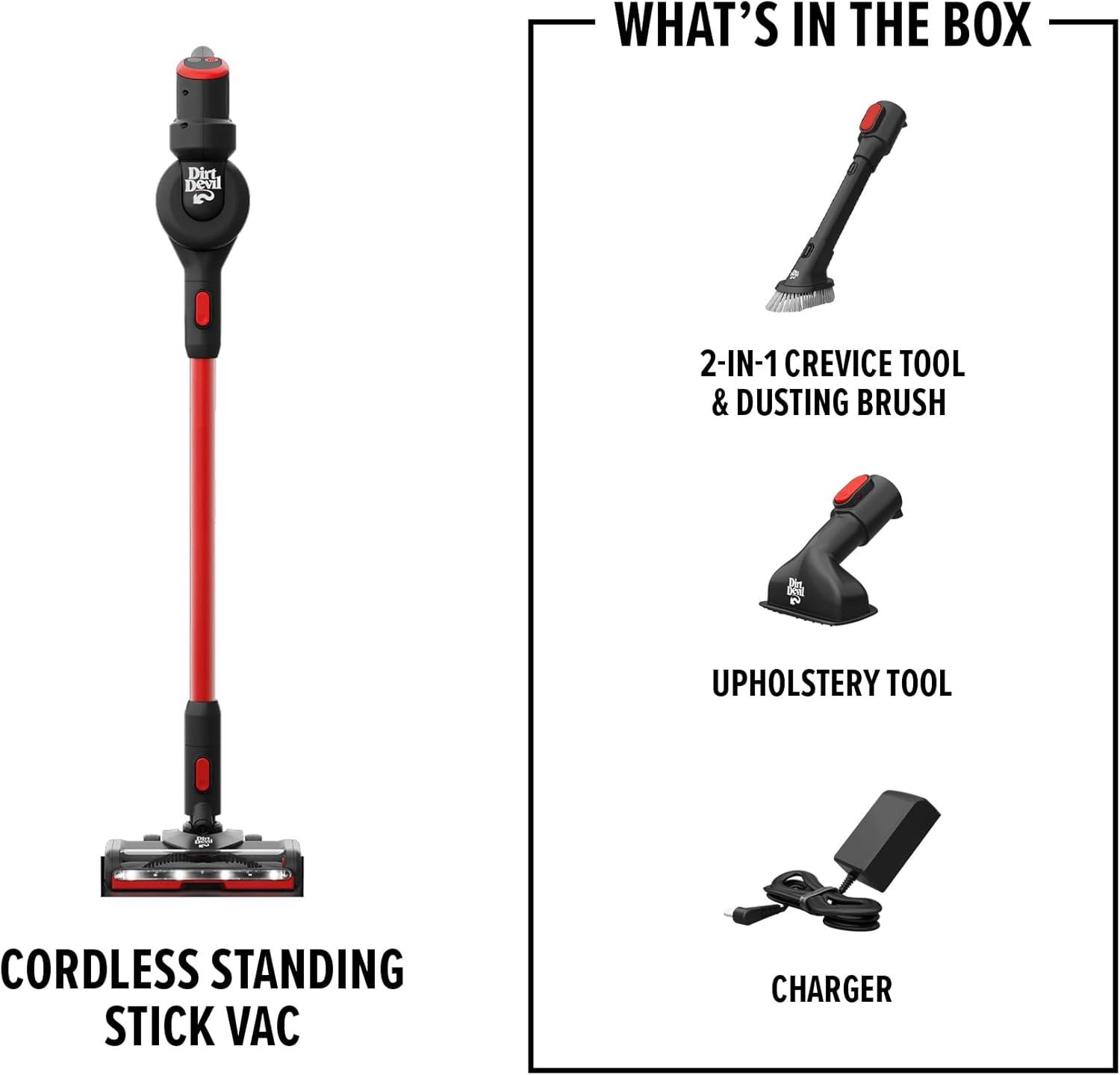 Dirt Devil Standing Cordless Stick Vacuum Red/Black - BD57000V: Lightweight, Rechargeable, Multi-Surface, Washable Filter