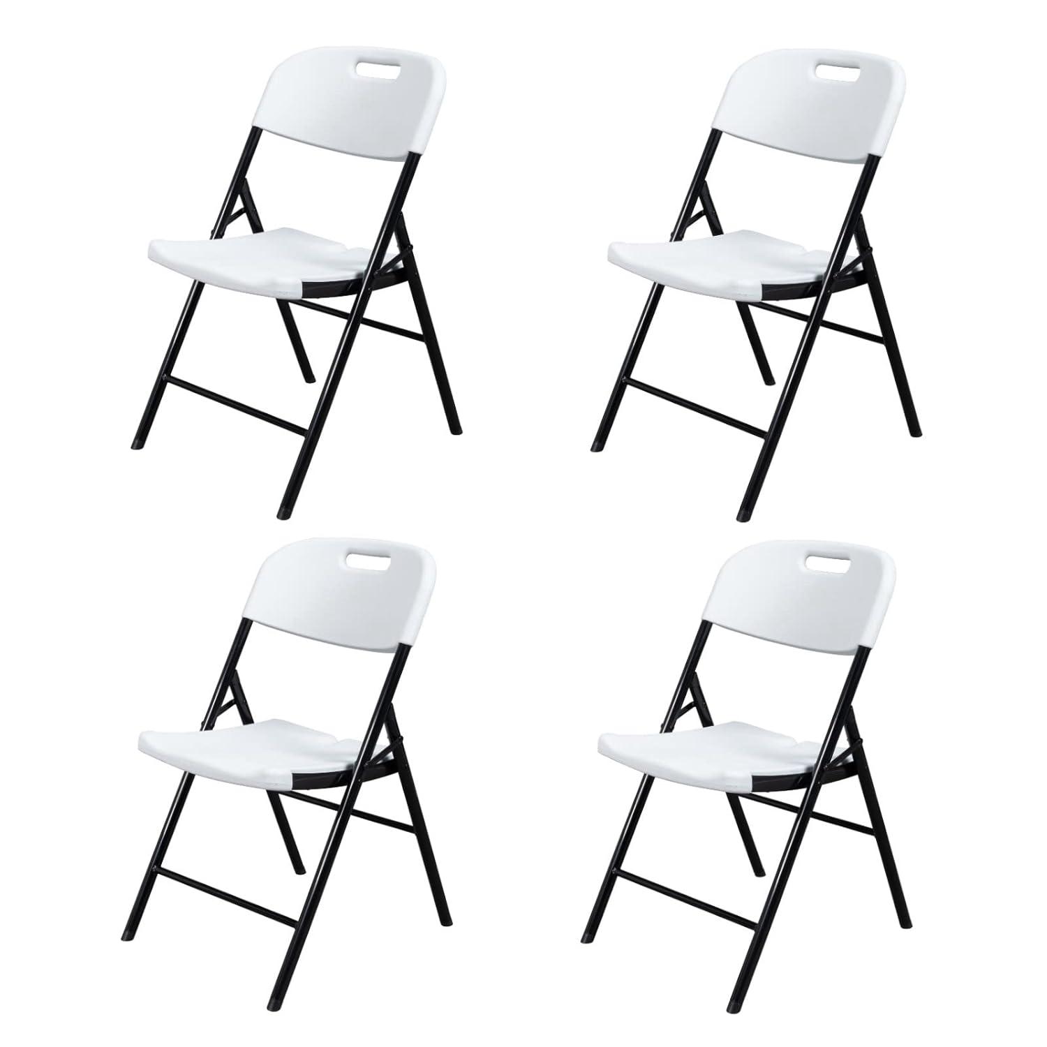 Hassch Plastic Folding Chairs Set of 4, Indoor Outdoor Stackable Chairs with White Seat & Back, Black Steel Frame, Used for Party, Garden, Patio, Dining, Wedding, Camping