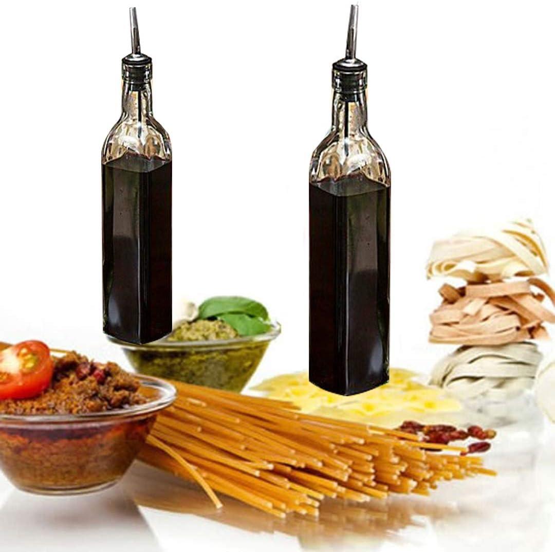Soro Essentials- Set of 2- Glass 16 oz. Square Cruet with Stainless Steel Pourer - Vinegar and Olive Oil Bottle Dispenser Oil Bottles for Kitchen with Pourers Square Glass Oil Container