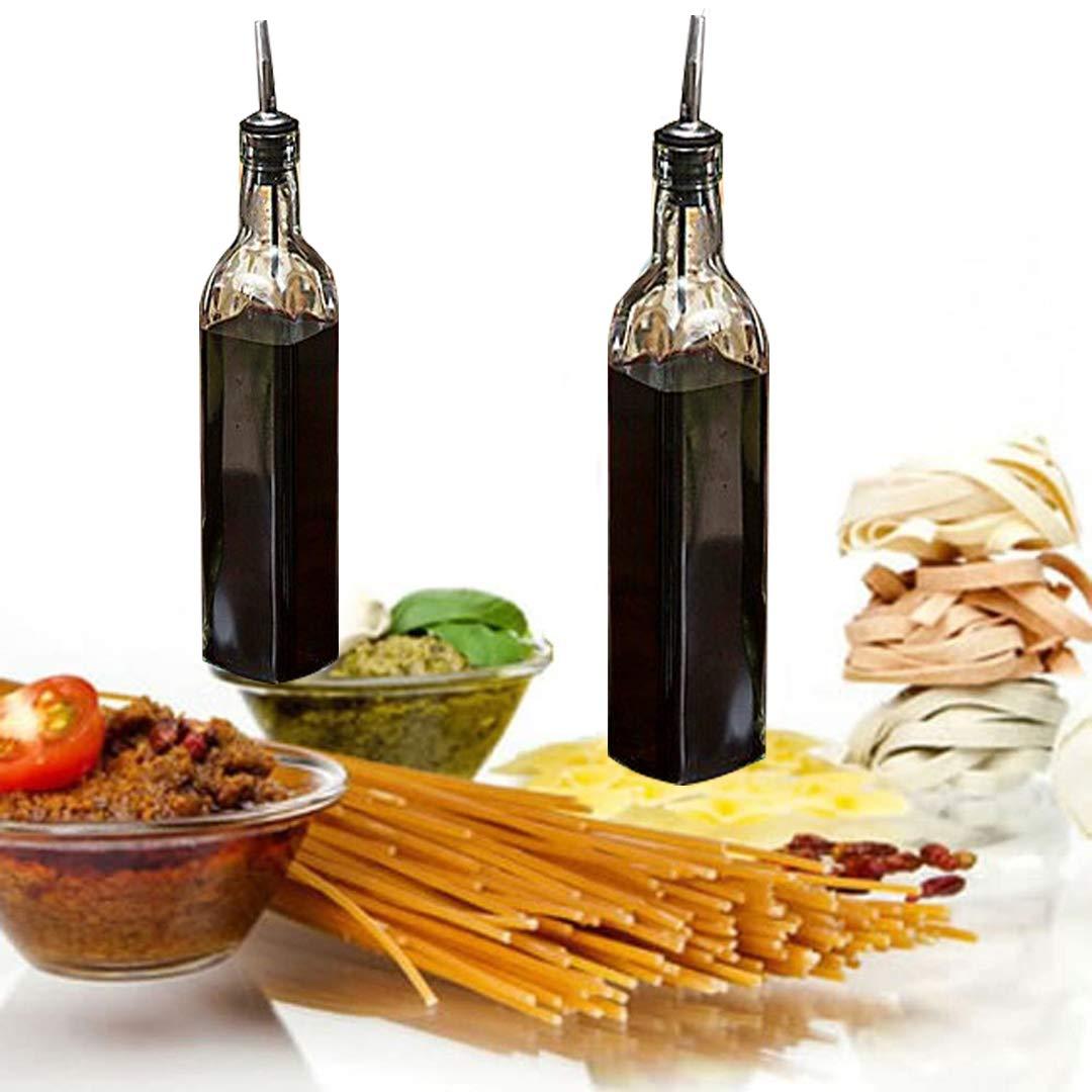 Soro Essentials- Set of 2- Glass 16 oz. Square Cruet with Stainless Steel Pourer - Vinegar and Olive Oil Bottle Dispenser Oil Bottles for Kitchen with Pourers Square Glass Oil Container