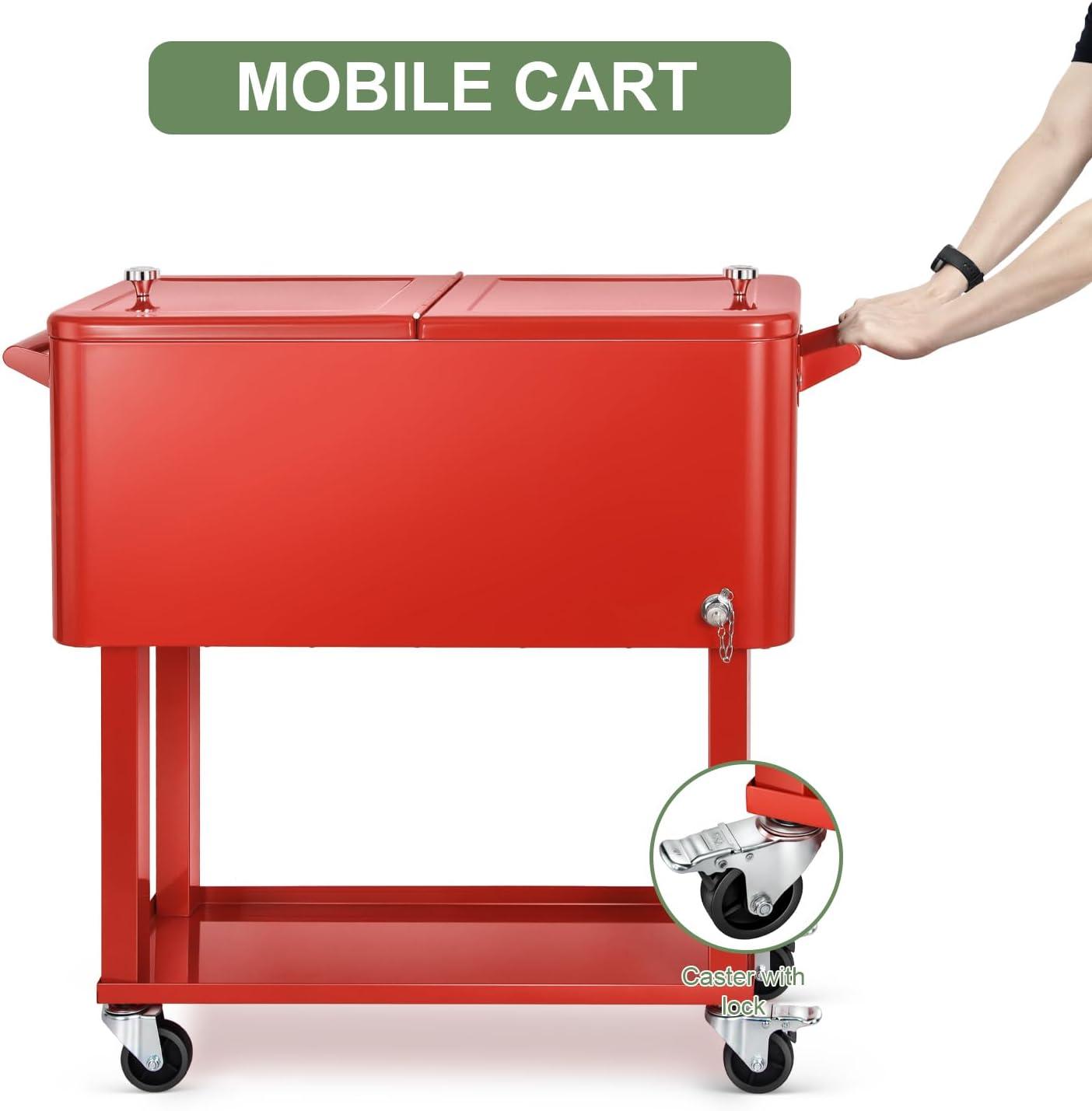 Bring Home Furniture Outdoor 80 Qt Rolling Cooler Cart, with Bottle Opener + Storage Shelf Camping Beverage Ice Chest