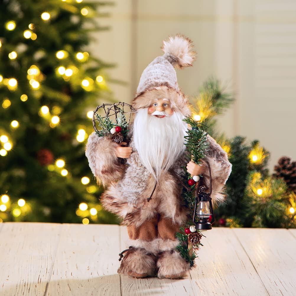 12-Inch Faux Fur Santa Figurine with Lantern and Wreath