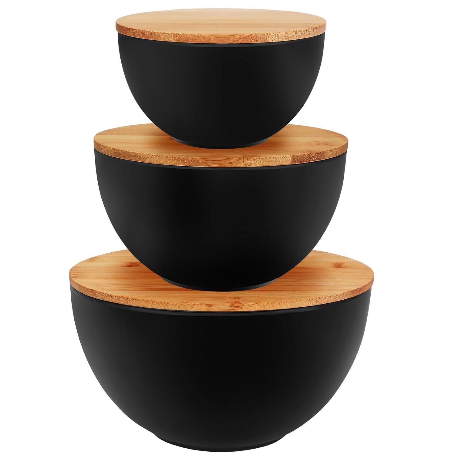 ShineMe Salad Bowl Set of 3, Natural Bamboo Fiber Salad Serving Bowls with Lids,Mixing Bowl for Preparing and Serving Salad, Cereal, Fruit, Veggies, Popcorn,Chips & Bread(10",8",6")