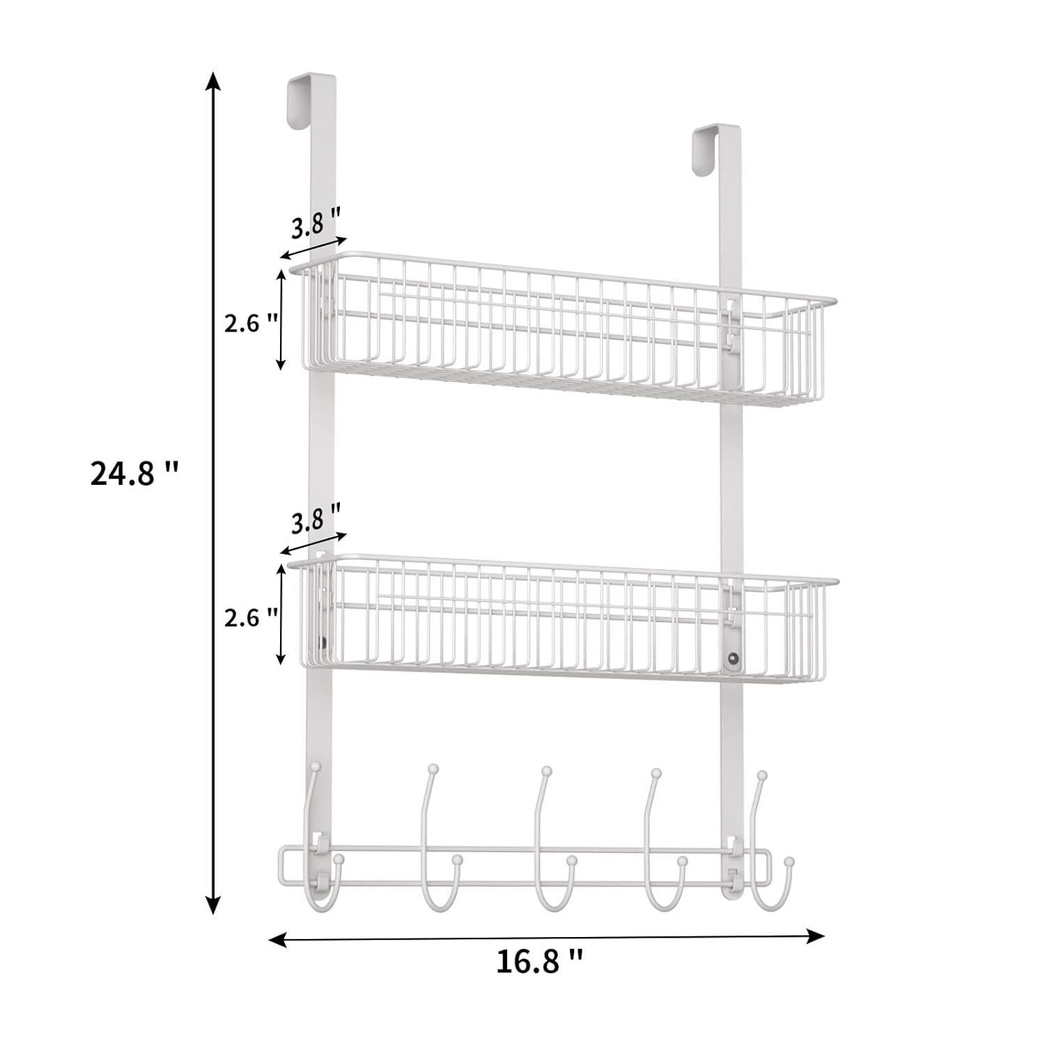 Over The Door Hooks, Door Hanger Towel Rack with 5 Coat Hooks & 2 Mesh Basket, Over Door Organizer for Bathroom, Bedroom, Kitchen, Office, Easy Installation, White