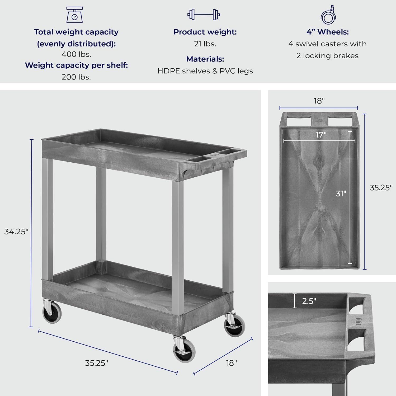 Gray Heavy Duty 2-Shelf Utility Cart with Swivel Casters