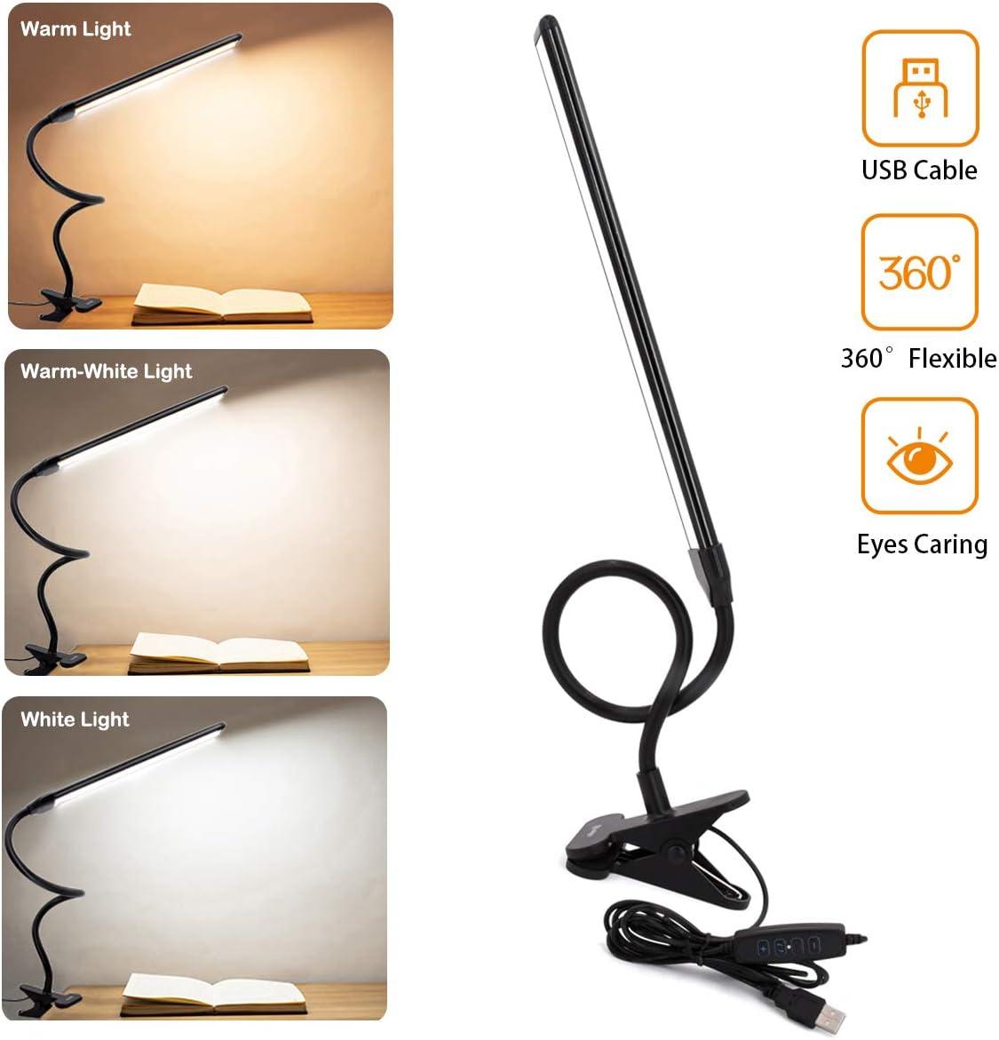 Clamp on Lamp, Clip Light, Desk Lamps with 3 Color Temperature Settings, 10 Brightness Levels, 2m USB Cord Power Supply and AC Adapter Included, Pack of 2 (Black)